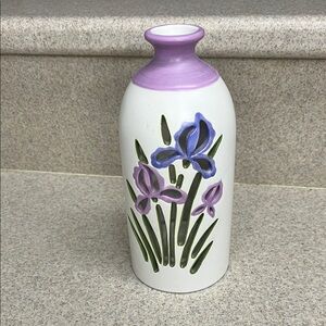 White Ceramic Bud Vase with Lavender Rim and Floral Cutout